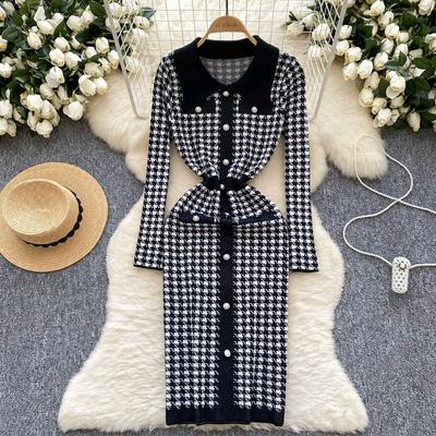 Autumn Women Elegant Lapel Houndstooth Knitted Sweater Slim Bodycon Sheath Pullover Dresses