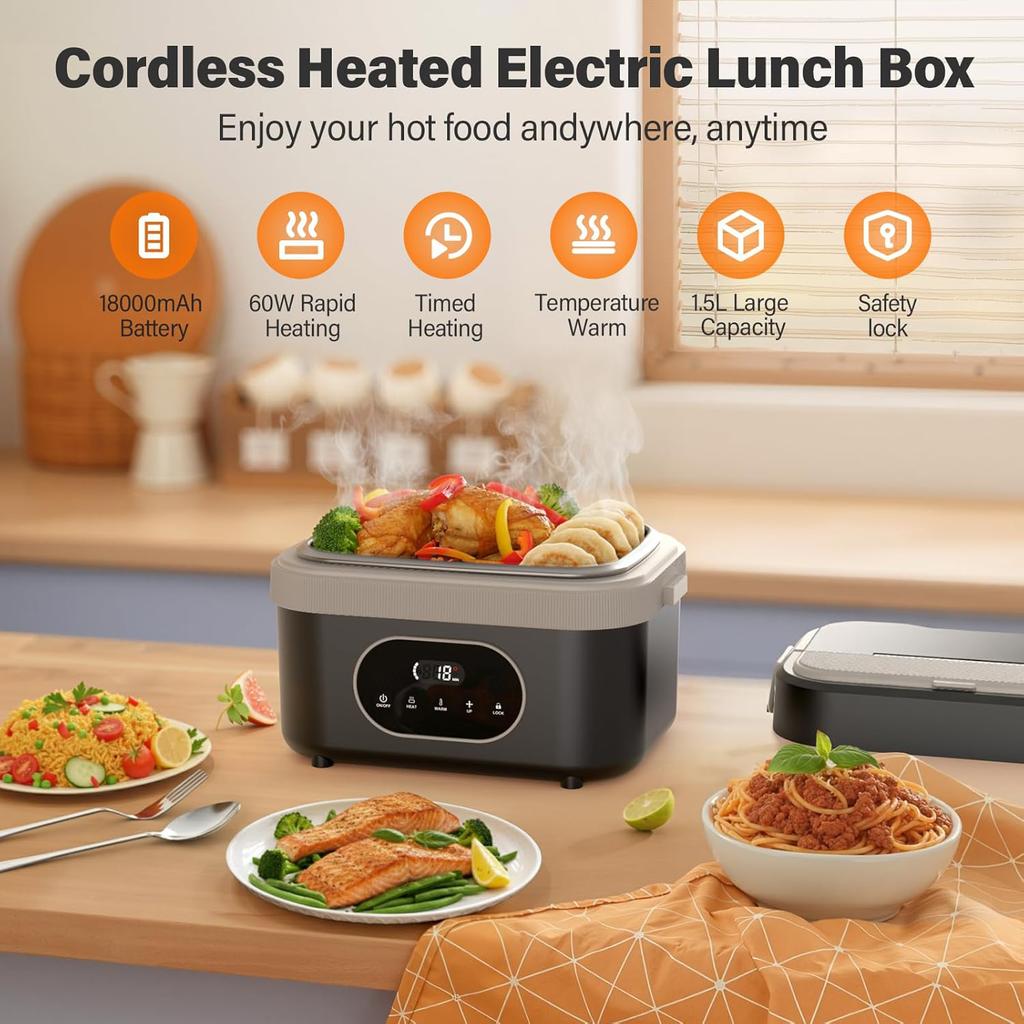 Nocclili 1.5L Electric Heated Lunch Box for Adults 60W Portable Food Warmer with 18000mAh Temperature Display for Work Car or