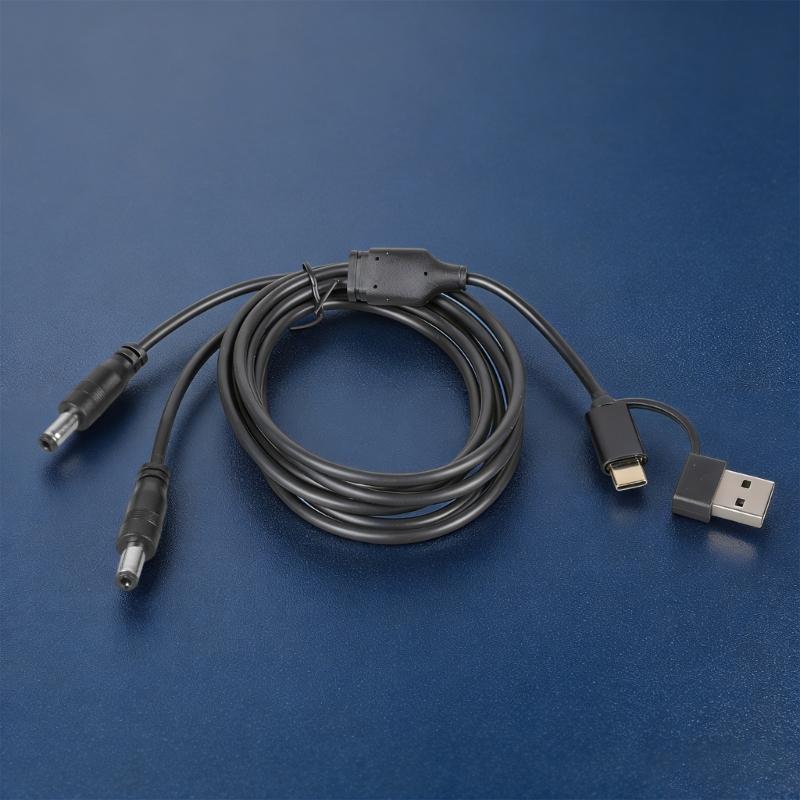 Double Output 5.5x2.5mm Charging Cable With USB A And Type C Connectors Input Support 5V 3A 1M Length Black