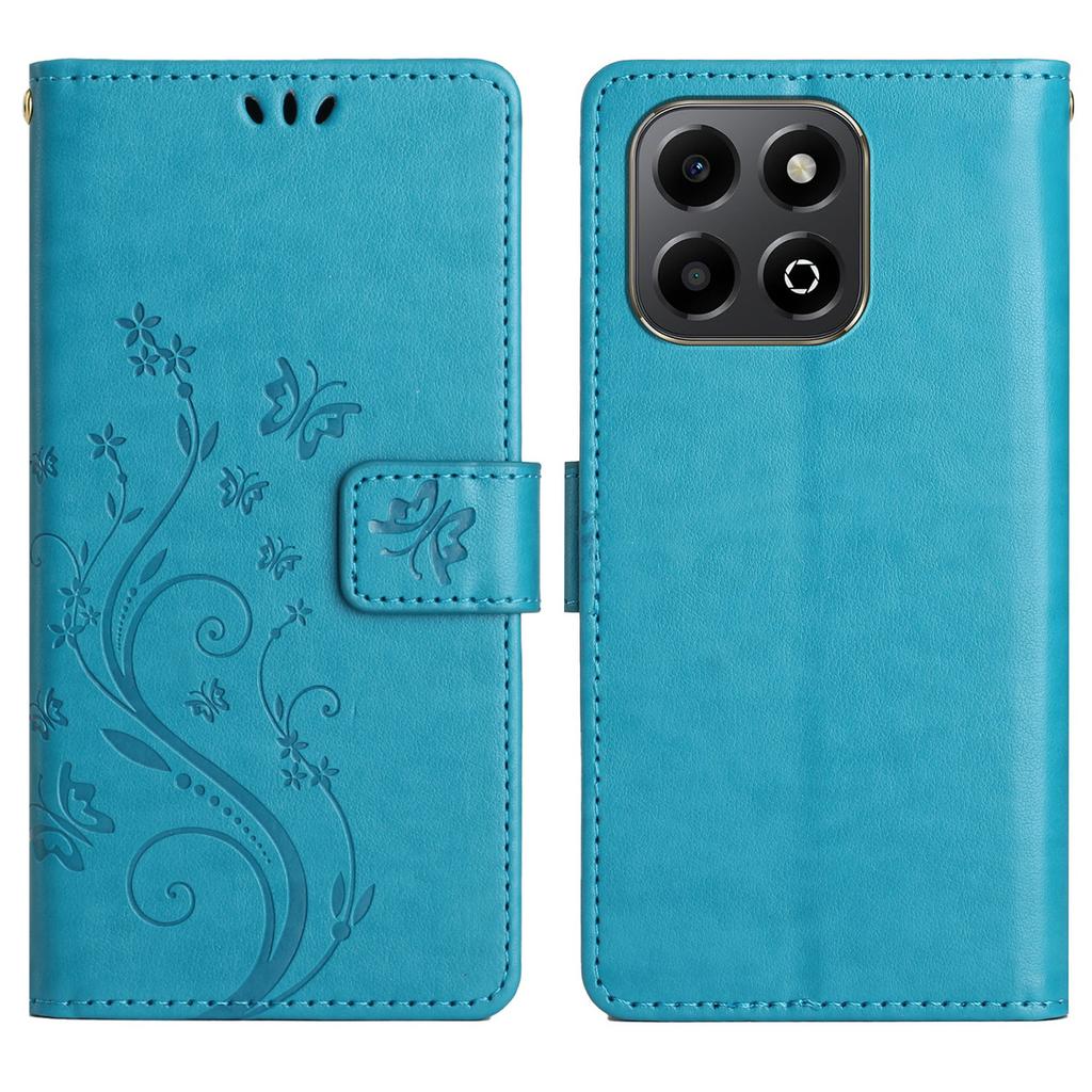 For Honor X6b 4G Leather Wallet Case Butterfly Flower Imprinted Phone Cover with Strap