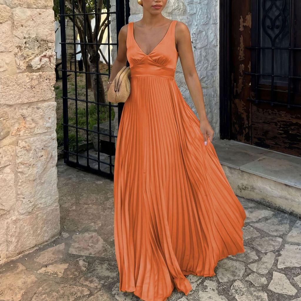 Damen Farbe V-Ausschnitt Spaghettiträger Tailliert Faltenkleid