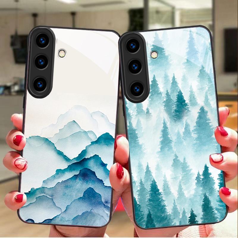 Ink Landscape Painting For For Samsung Galaxy S25+ S24+ S26 Ultra S25 Edge S24 FE S23 S22 S21 S20 Plus Black Glass Phone Case
