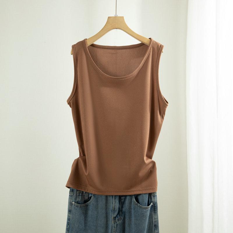 Women's Plus Size Ice Silk Ribbed Sleeveless Tank Top with Wide Shoulders, Round Neck, Ideal for Summer Outerwear or Innerwear.