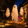 Halloween Garden Party Accents Lighted Hanging Ghost with Broom Decor, Flying Broomstick Ornaments Remote Outdoor Spooky Decor Control Lights, 8 Modes