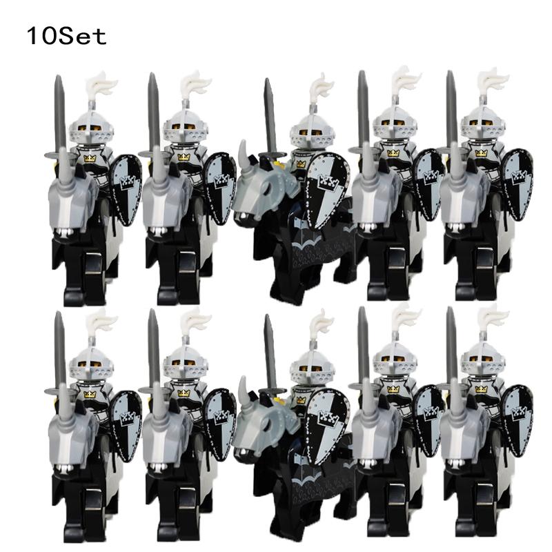 10 Sets Medieval Castle Knight Royal King's Red Dragon Black Warrior Soldier Rider with Horse Building Blocks Toys for Children