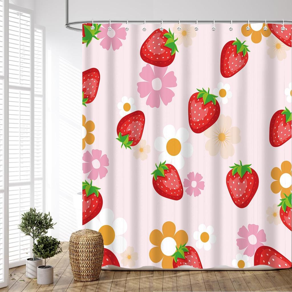 Pink Gray Flowers Shower Curtain, Daisy Floral Simple and Fresh Elegance Plants Cloth Rustic Farmhouse Bathroom Decor Sets,