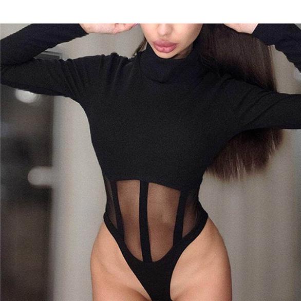 Women's Sexy Stitching Bodysuit Perspective Mesh Tops High Neck Long Sleeve Slim Bodysuit 3 Colors