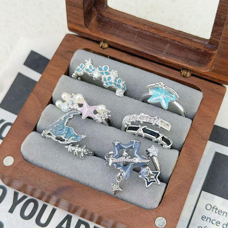 Seestern Zirkon Emaille Dopamin Retro Tropfglas Offener Ring Damen Süß Kühl Leichter Luxus Ring mit Hohem Tragegefühl Trend