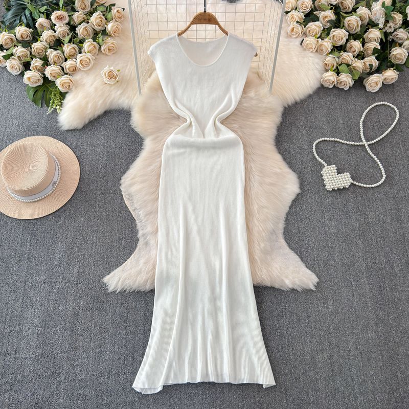 2024 Summer New Arrival Temperament Crew Neck Sleeveless Stretch Waist Hip-Lifting Knitting Dress Mermaid Dress Sheath Dress for Women