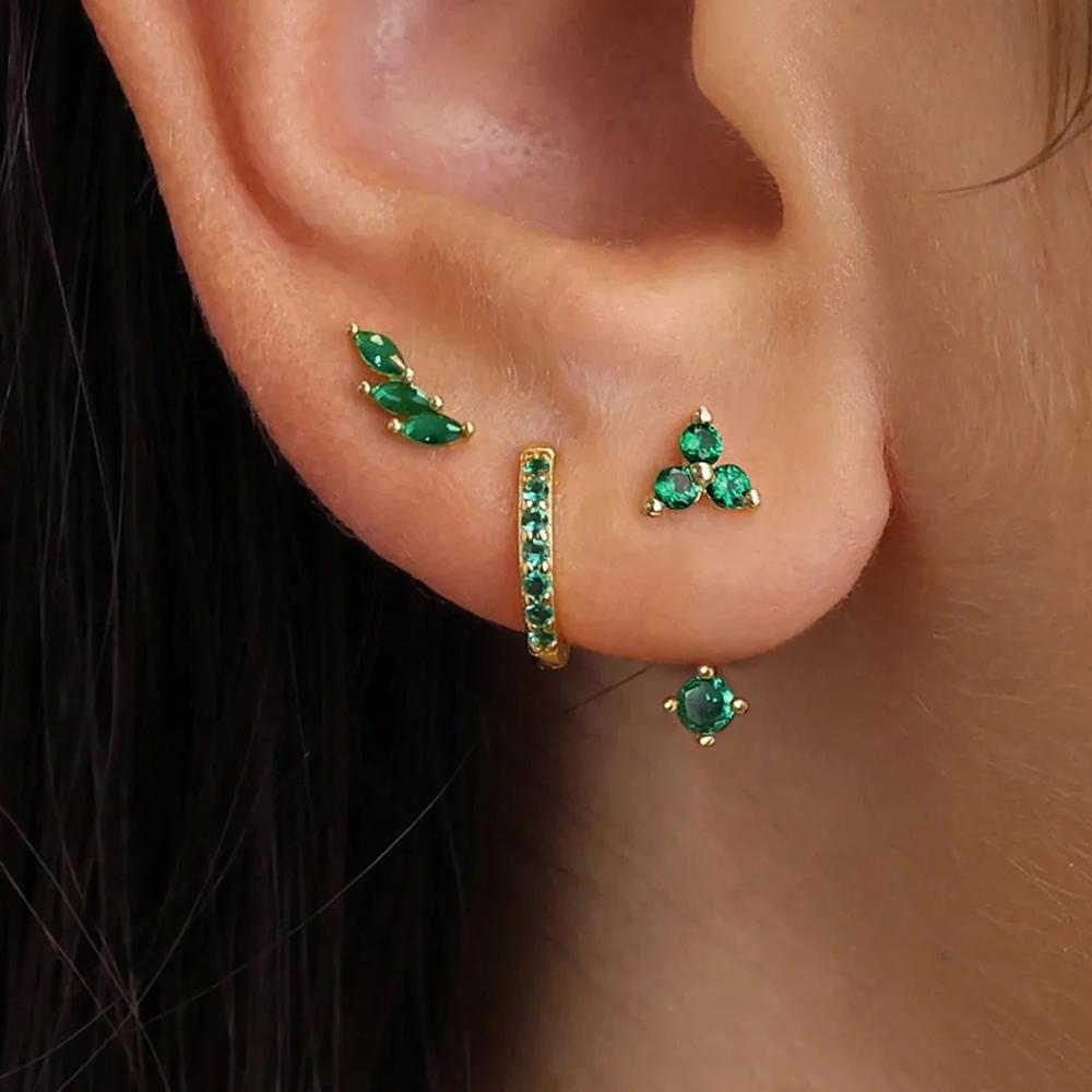 Tuiying003 Women's Green/Gold 6Pcs Exquisite Zircon Hoop Earrings Set For Plated Stainless Steel Cartilage Piercing Earring Statement Jewelry