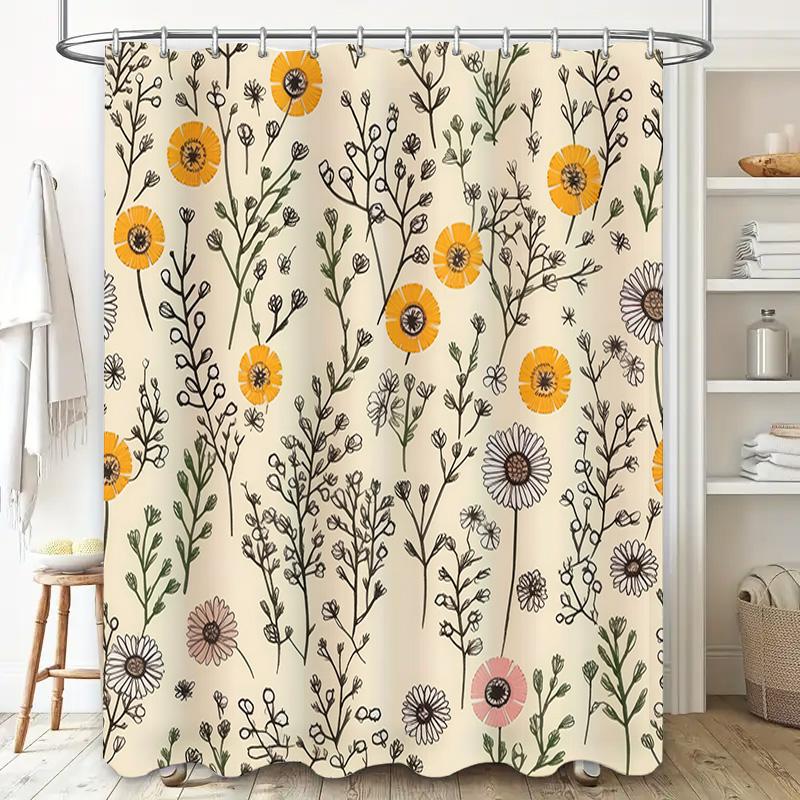 Yellow Flower Bath Curtain Set Shower Decor Vintage Print Modern Home Decor Shower Curtain 3D Printing Waterproof Fabric Bathroo