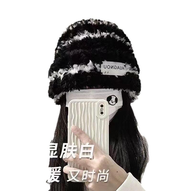 Winter Knitted Wool Versatile Plush Striped Fisherman Hat Children Thickened Warm Ear Protectors Internet celebrity Hairy Basin Hat