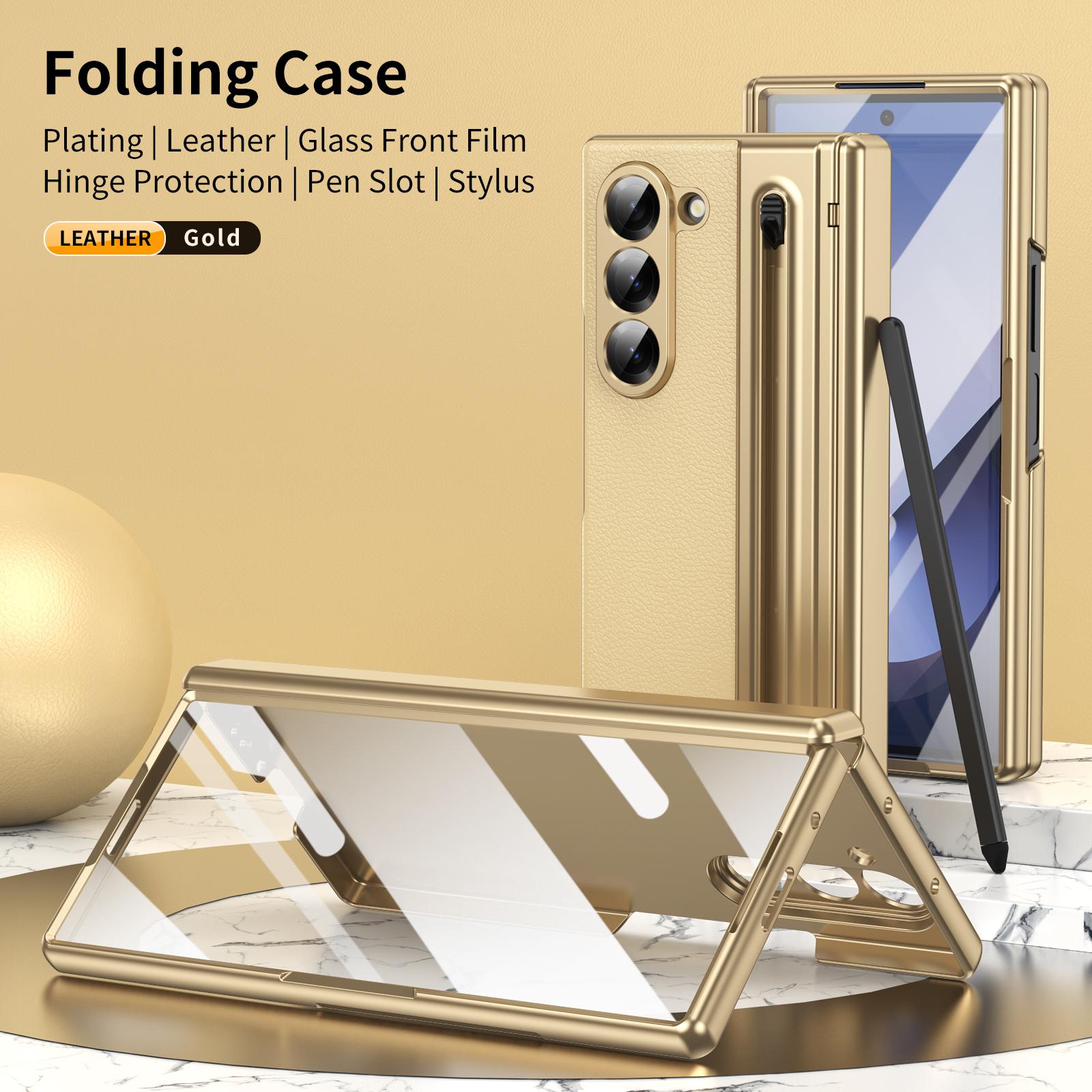 

VIETAO for Samsung Galaxy Z Fold 7 Leather Phone Case with Hinge Protection, Z Fold 6 Case with Front Screen Film Protector+Pen For Samsung Z Fold 7 золотой