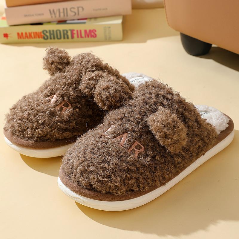

Rabbit ear bow cotton slippers women s winter home couple thickened non-slip soft bottom fluffy thickened warm 44-45 темно-коричневого