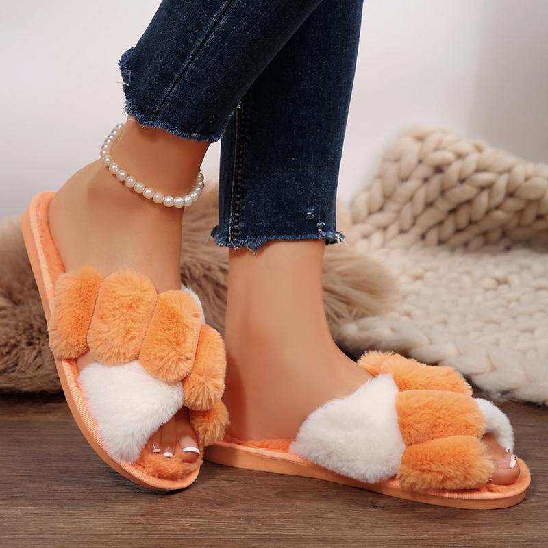 Fashion Contrast Color Cross Strap Plush Slippers for Women Winter Fashion Fluffy House Slippers Woman Cozy Warm Faux Rabbit Fur Slides