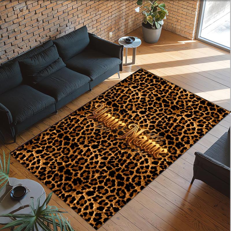 Leopard Theme Crystal Velvet Floor Rug Personalized Custom Name Text Warm Carpet Home Decoration