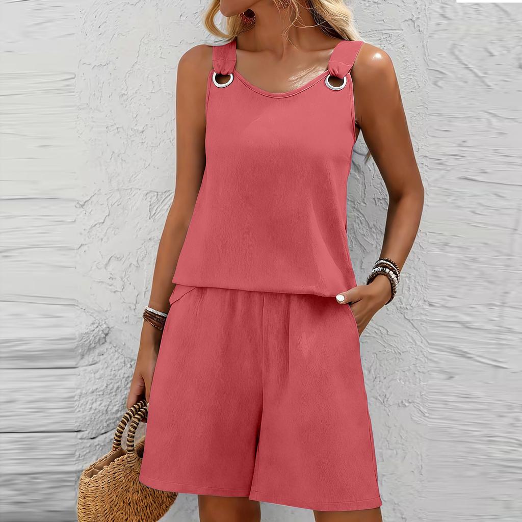Women's Casual Sleeveless Tank Top And Shorts Set With Pockets