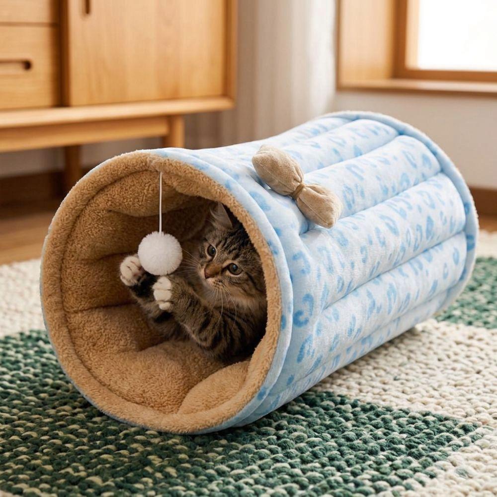 Plush Warm 2 in 1 Cat Tunnel Bed Thickened Cat Hide Tunnel Cushion Play Rest Cat Mat Daily Use