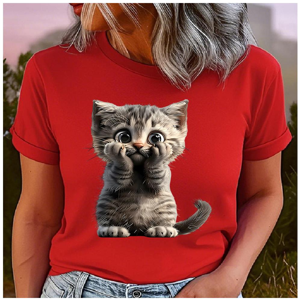 Unisex 100% Polyester Summer Top Cute and Playful Grey Tabby Cat Print Loose Round Neck Short Sleeve Fashion for Lovers