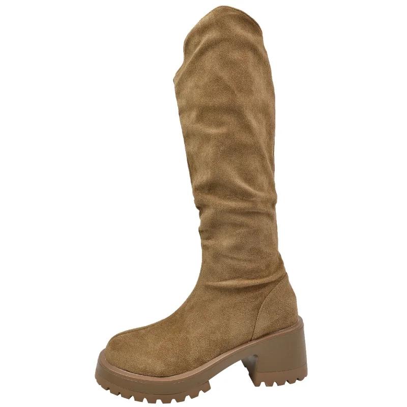 

Распродажа модной женской обуви 2024 года, модные женские сапоги с круглым носком, замшевые, сохраняющие тепло, однотонные, высокие, на толстом каблуке, длинные сапоги 35 хаки