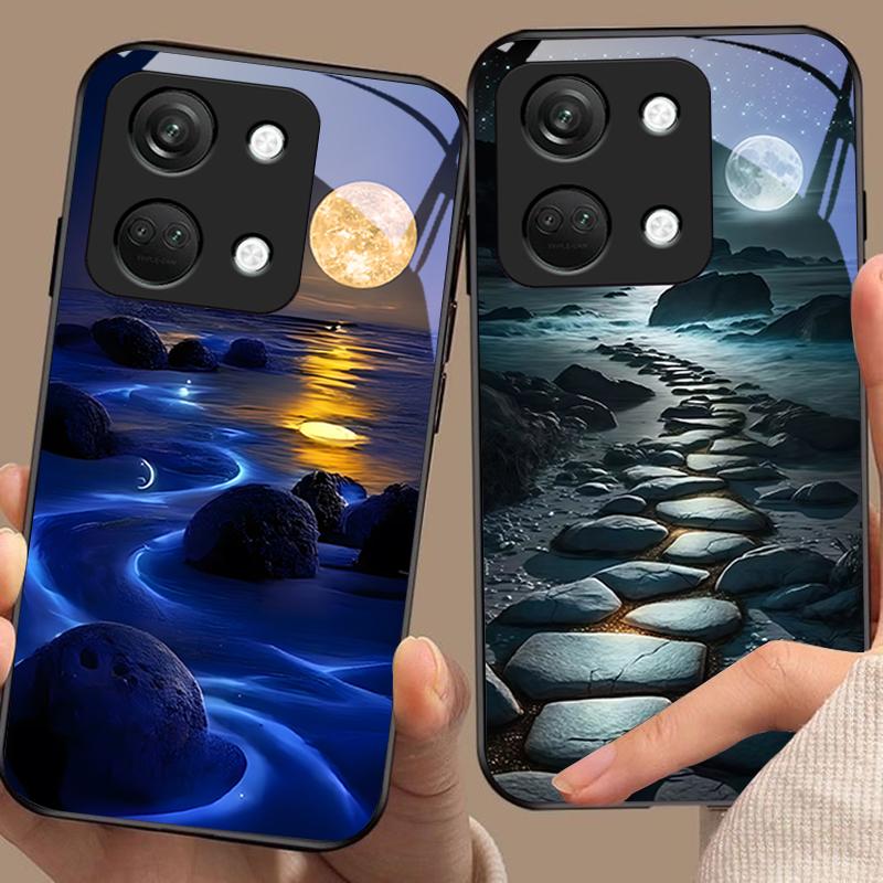 Świecący Kamień Światło Dla OnePlus Nord 3 5 6T 7 Pro 8 12 10T Reno8 Lite 5G 10R Nord N30 Twarda Skorupa Szkło Hartowane Etui na Telefon Czarny