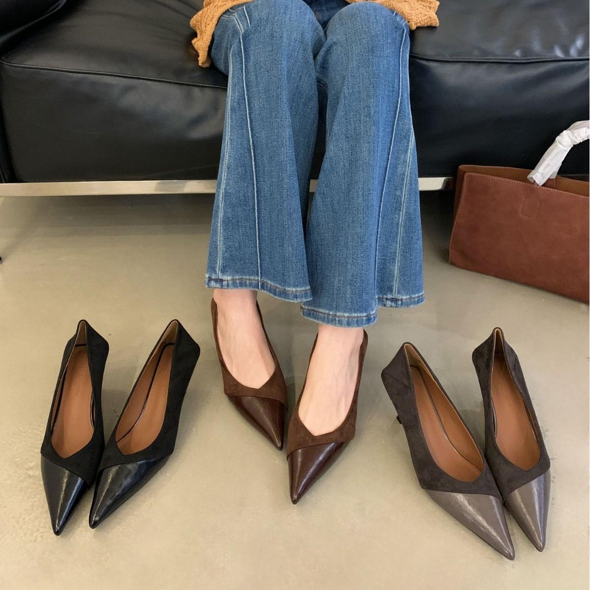 

2025 new Korean version pointed head shallow mouth splicing foot cover soft sole commuter work thin heel women s shoes 39 серый