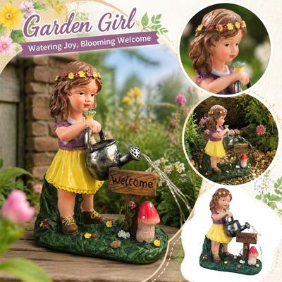 Outdoor Garden Decoration Resin Figurine Girl with Watering Can Welcome Sign Yard Ornament for Patio Lawn Landscape Décor