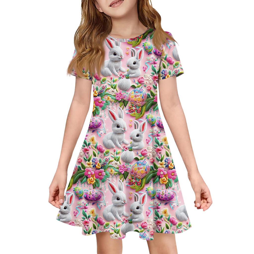 Girl Summer Dress Color & Print Short Sleeve Dress With Pocket Casual Dress Shorts Sleeve Party Dress Easter Day