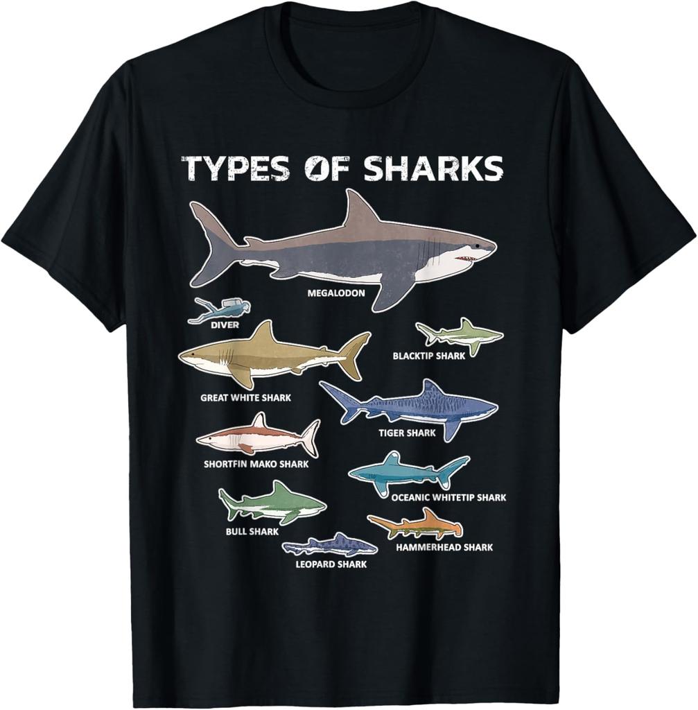 Types of Sharks Graphic TShirt Educational Ocean Sea Life Lovers Cotton Tee