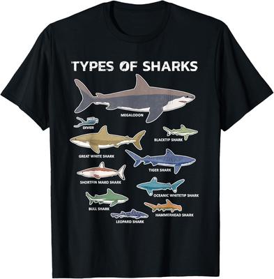 Types of Sharks Graphic TShirt Educational Ocean Sea Life Lovers Cotton Tee