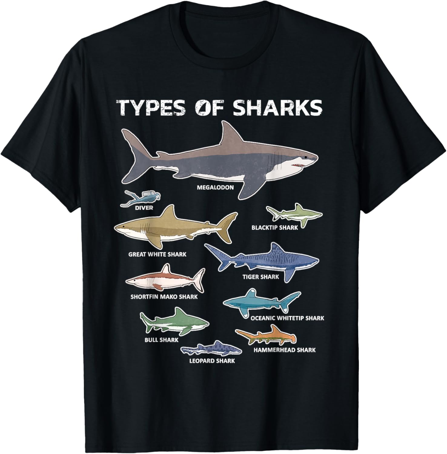 Types of Sharks Graphic TShirt Educational Ocean Sea Life Lovers Cotton Tee L