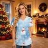 Women's V-Neck Short Sleeve Work Shirt with Pockets Christmas Print Caregiver Uniform Top