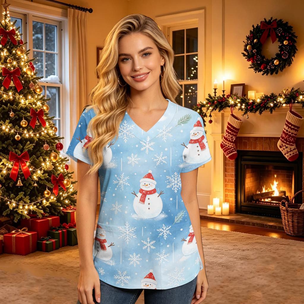 Women's V-Neck Short Sleeve Work Shirt with Pockets Christmas Print Caregiver Uniform Top