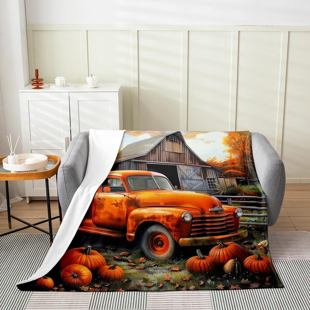 GUOYU Blanket Fall Pumpkin Harvest Fleece Flannel BlanketRustic Maple Autumn Leaves Bed Plush Blanket for Rustic Home DecorHarvest Patchwork