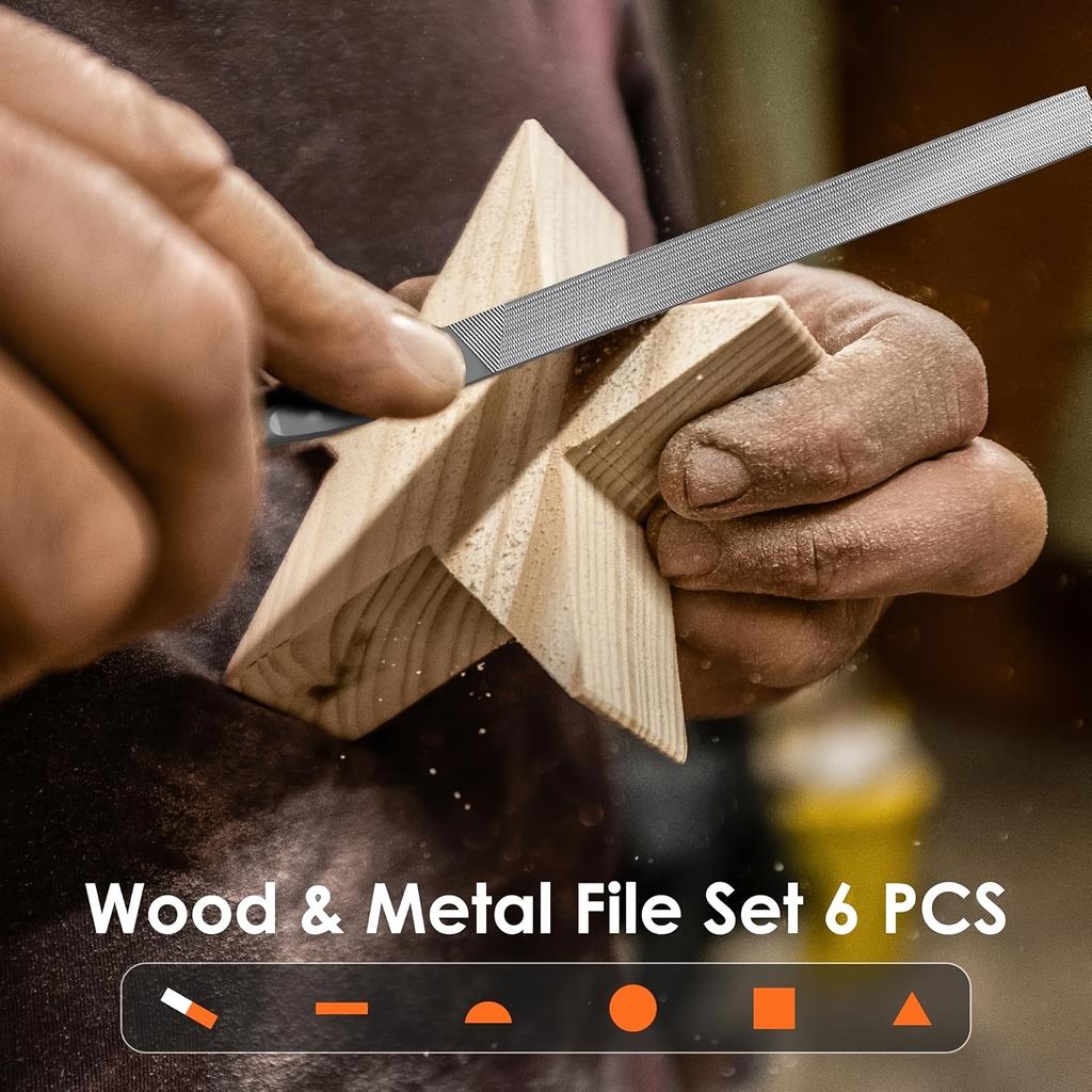 6-Piece Needle File Kit with High Temperature Quenching and Rubber Handle - Includes 6 Shapes Flat, Flat Warding, Square, Triang