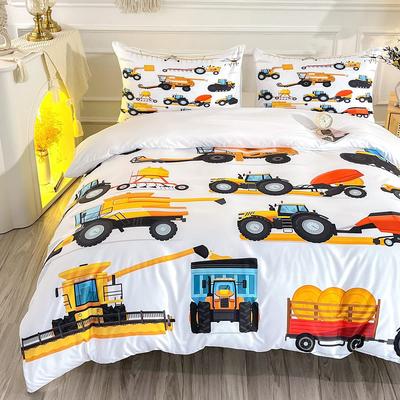 Boy Construction Vehicle Three-Piece Quilt Cover Digital Printing Bedding Set Excavator Bed Cover