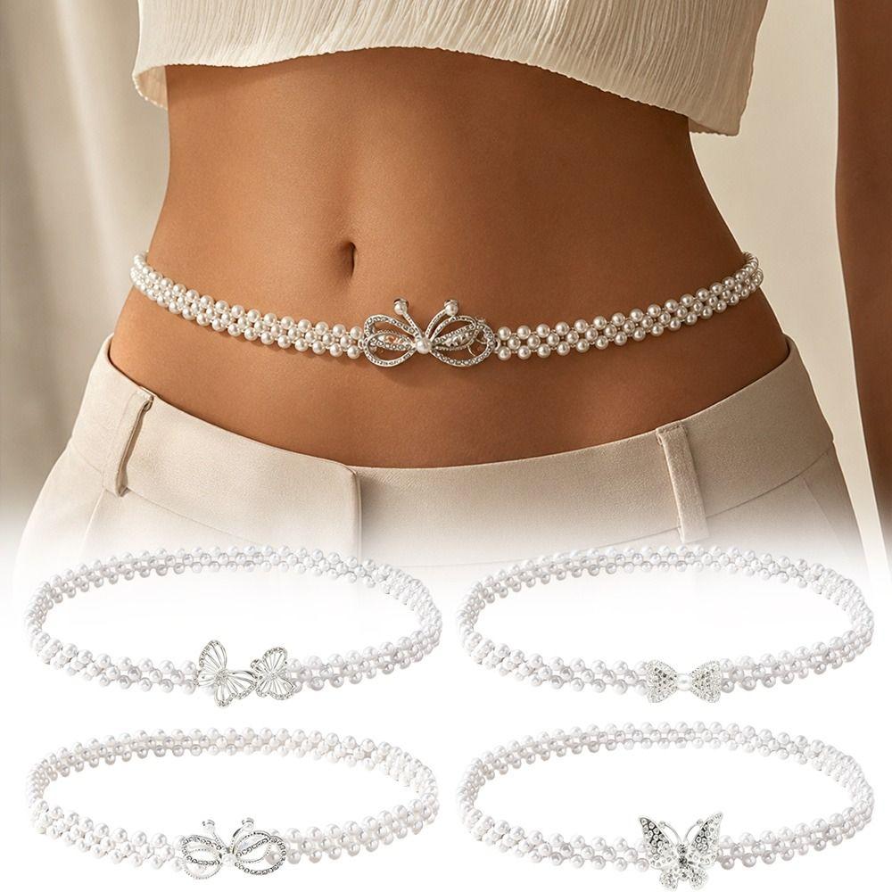 Stretch Elastic Band Pearl Waist Chain Pearl Beads Elastic Waistband Rhinestone Decor Strap Party