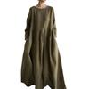 2024 Oversized Plus Size Cotton Linen Dress, Round Neck, Solid Color Swing Skirt - Japanese Korean Style
