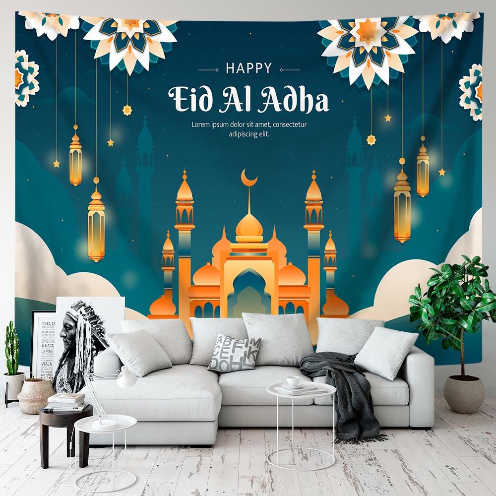 VIKAMA Green Gold Mosque Tapestry Ramadan Kareem Ramadan Wall Hanging Islamic Bedroom Decor Washable Art for Living Room