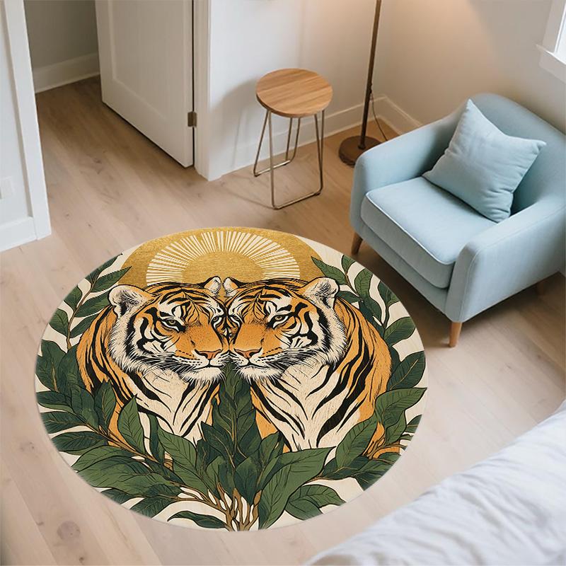 Leaf Tiger,Round Area Rug,Carpet Rug for Living Room Bedroom Sofa Playroom Decor,Non-slip Floor Mat