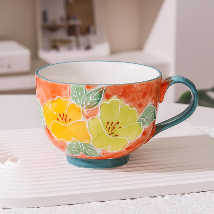 Rustikale handbemalte florale Keramik-Frühstückstasse, 500 ml Fassungsvermögen, Kaffeetasse mit buntem floralem Muster, Haushaltsmilchtasse