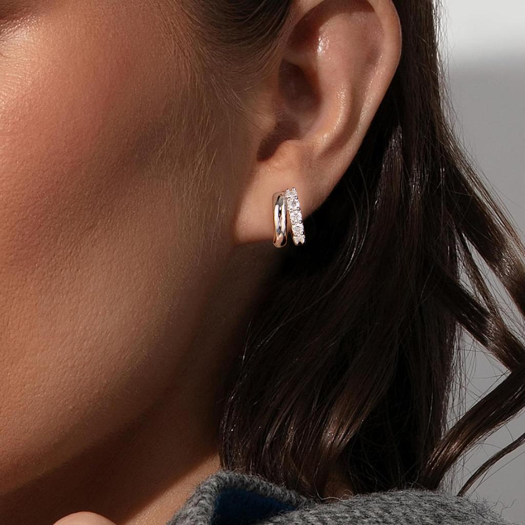 BAMOER 0.3CT Double-layer Moissanite Huggies Earring, 925 Silver Sparking Hoop Earring for Women Hypoallergenic Jewelry