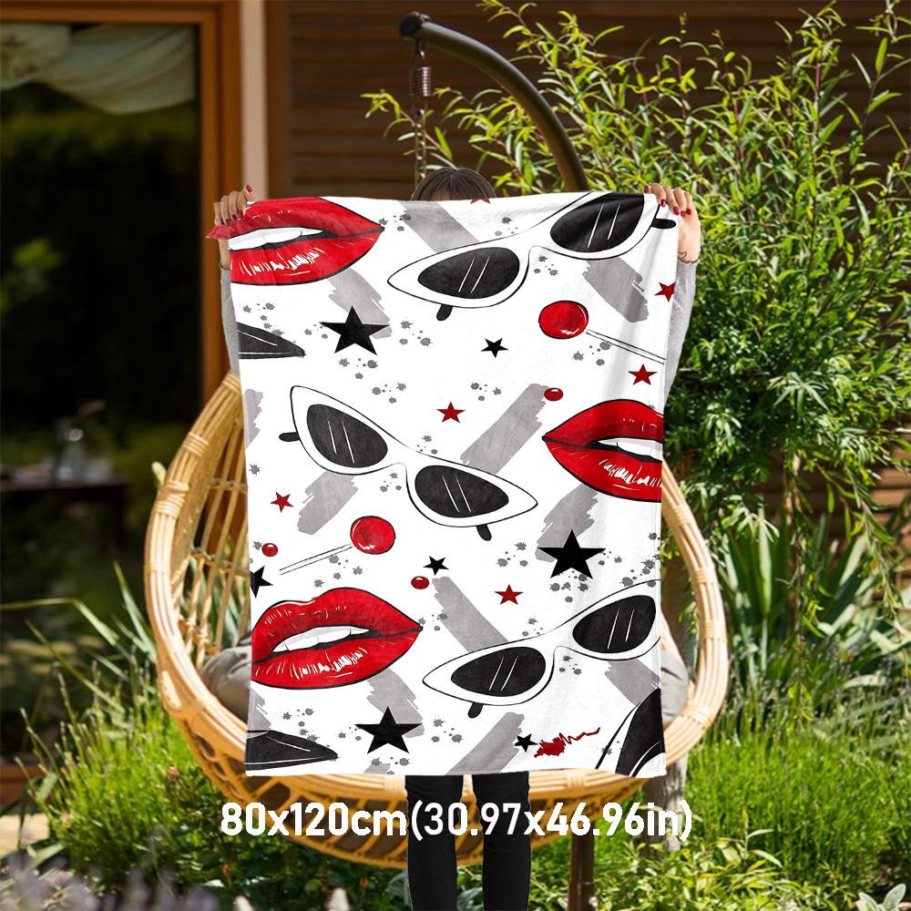 

1pc lips glasses Outdoor Flannel Blanket Soft Warm All-Season Throw for Sofa Bed Car Camping Office, Cozy Gift Idea1131S 80x120cm(31x47inch)