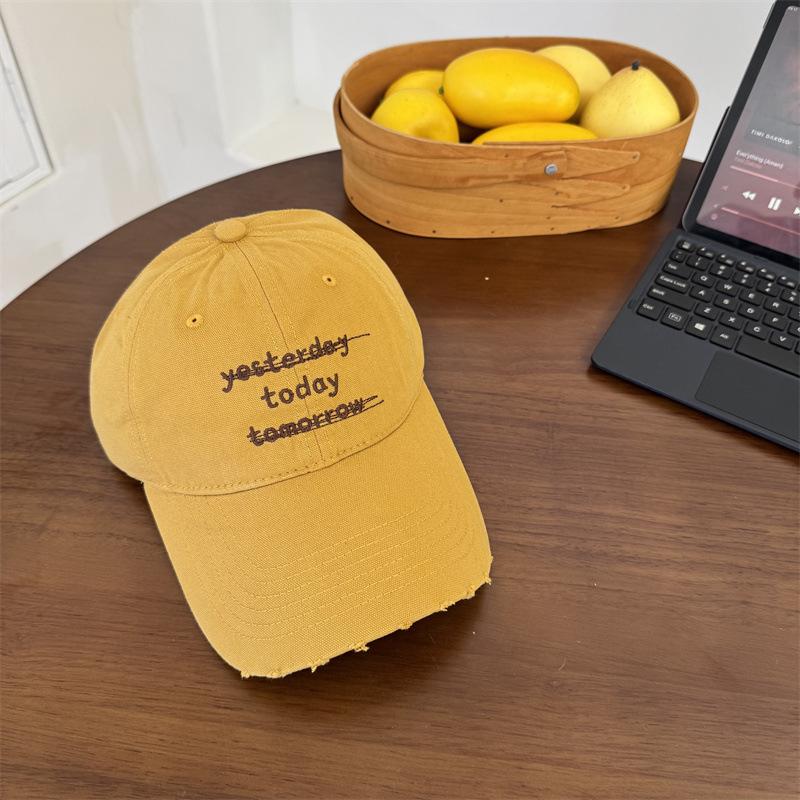 American Ripped Baseball Cap Women's Spring and Summer Letter Embroidery Washed Peaked Cap Showing Small Face Plus Large Brim Sun Hat Men