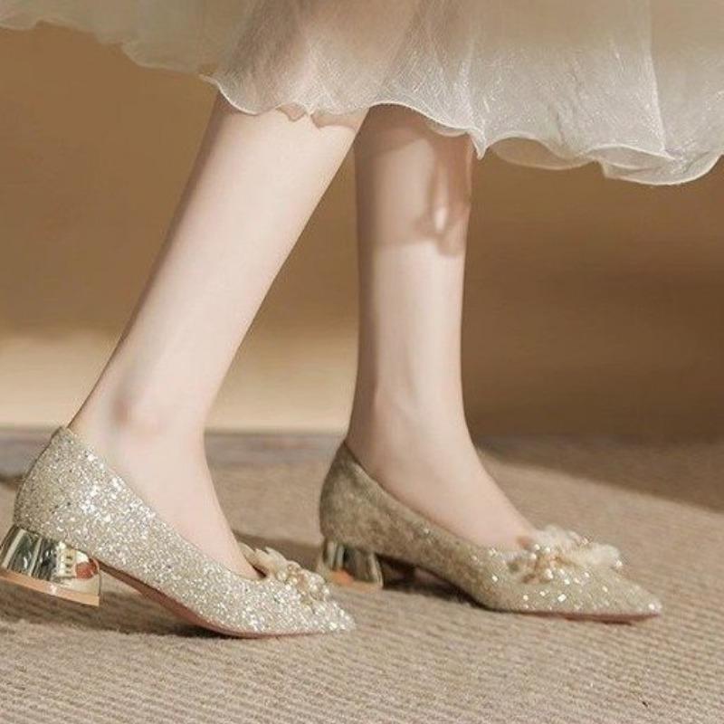 Fashion Fall New Coarse Heel Shoes Women's Pointed Head Glitter Cloth Flowers Anti-slip Wear-resistant Low-top Shoes