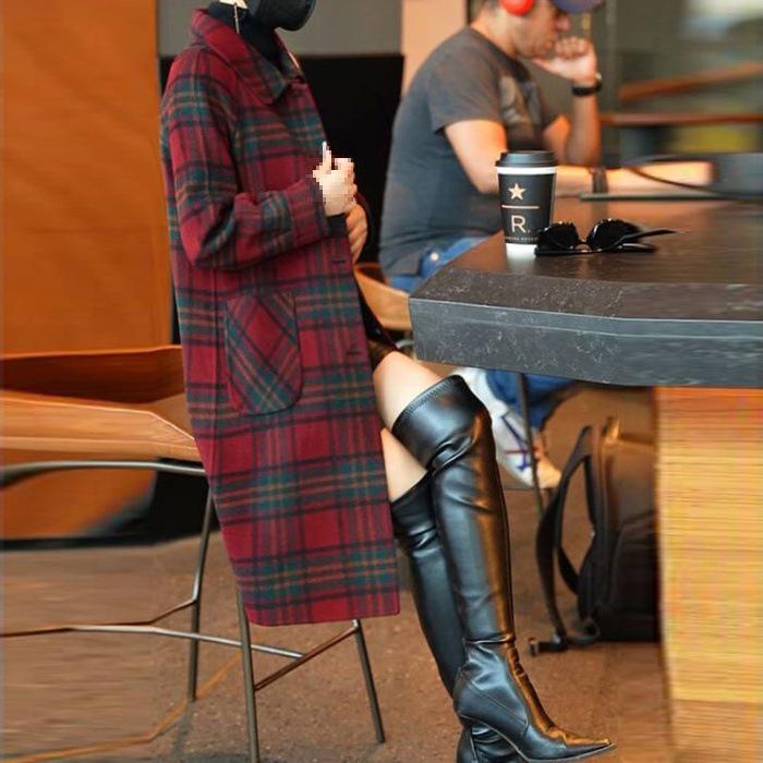 

Women s Red Plaid Wool Coat - Korean Style, Autumn/Winter 2025, Double-Sided for Middle-Aged and Elderly M