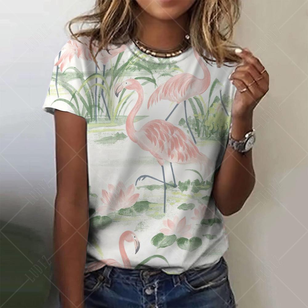 

Модная женская футболка с 3D-принтом фламенко и короткими рукавами, летняя одежда большого размера из полиэфирного волокна 5XL