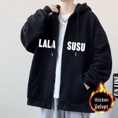 Men's Autumn Winter Letter Hooded Loose Cardigan Sweatshirt, Trendy Plus Size Youth Casual Jacket for Couples