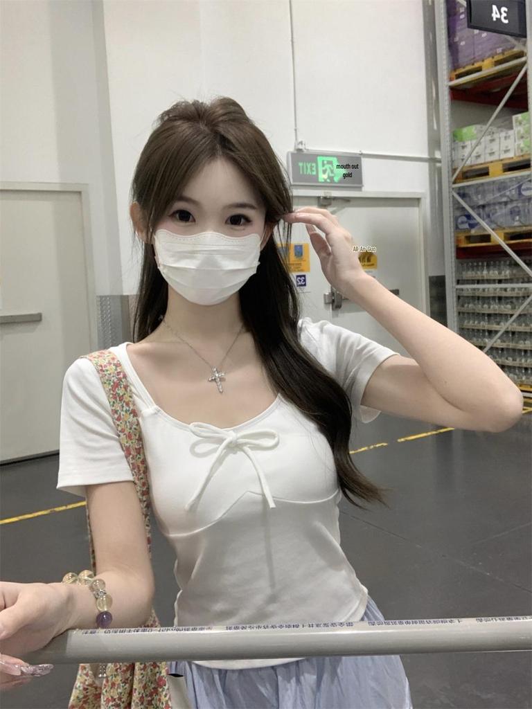 Spring/Summer Korean Style Slim-Fit Bow Tie Lace-Up Short-Sleeved T-Shirt for Women