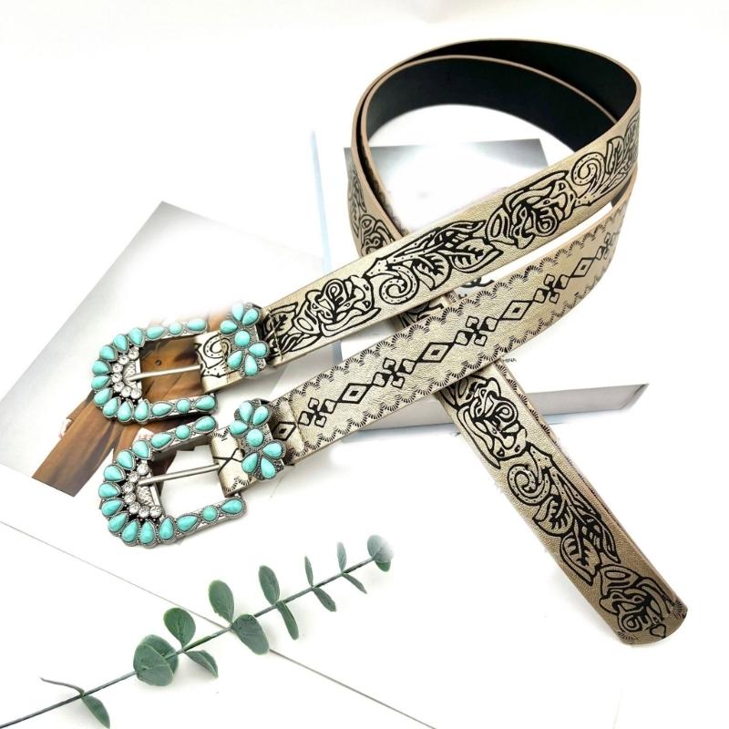 Elegant Western PU Belt Embossed Pattern Waistband Jeans Waiststrap Waist Decors Women Turquoises Buckle Waist Belt